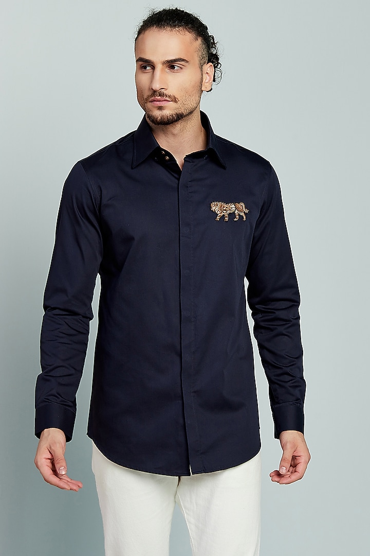 Black Cotton Embroidered Shirt by SEVENDC MEN