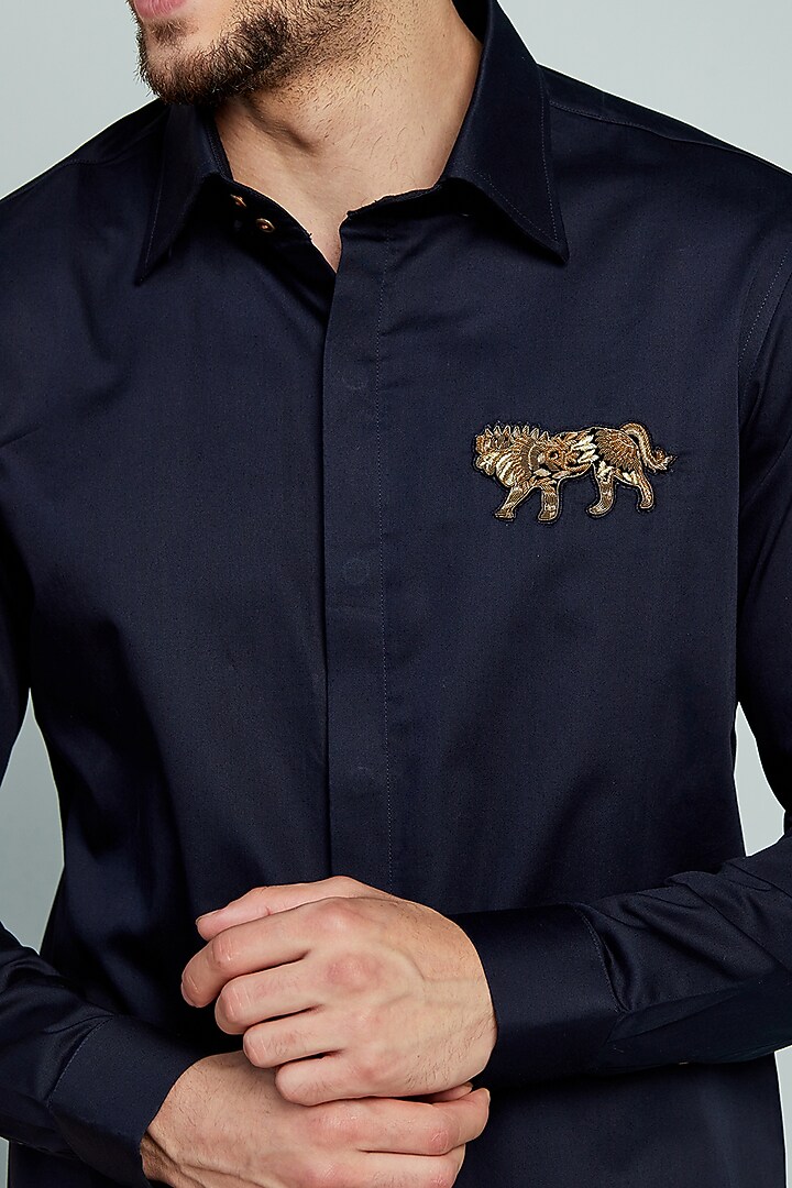 Black Cotton Embroidered Party Wear Shirt by SEVENDC MEN at Pernia's Pop Up Shop