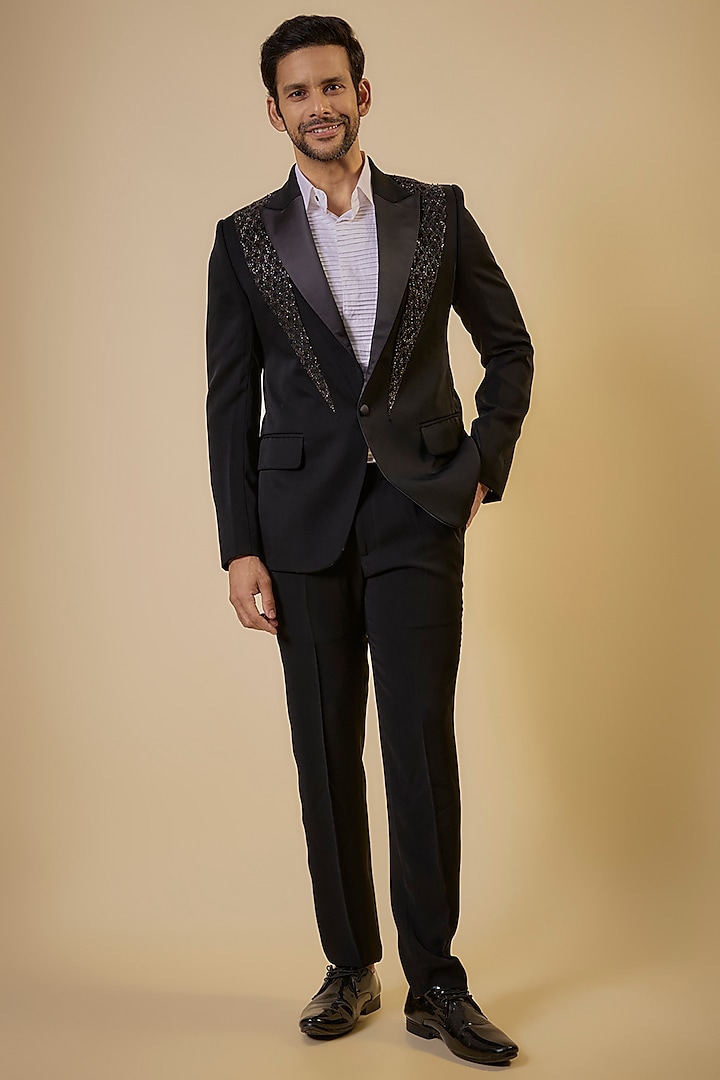 Black Japanese Fabric Blazer Set by SEVENDC MEN