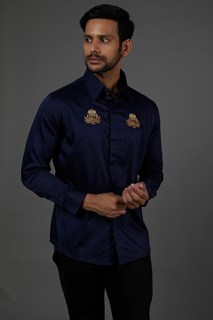 Navy Cotton Embroidered Shirt by SEVENDC MEN