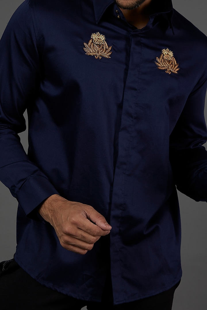 Navy Cotton Embroidered Party Wear Shirt by SEVENDC MEN at Pernia's Pop Up Shop