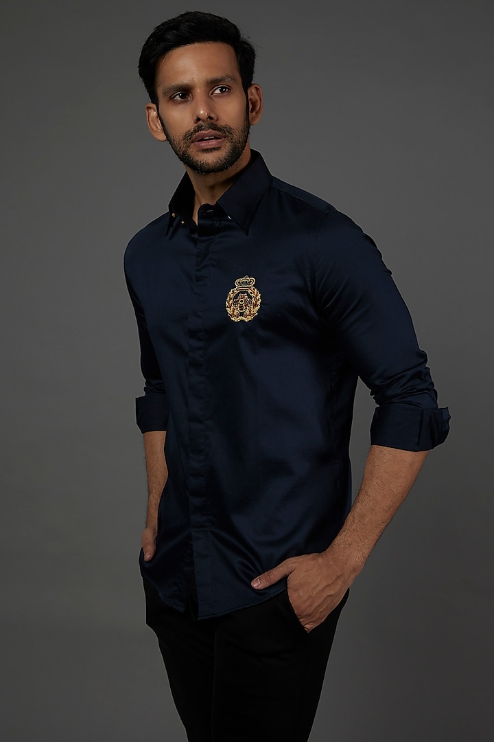 Navy Cotton Embroidered Shirt by SEVENDC MEN