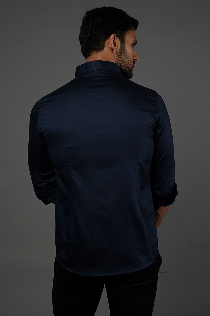 Navy Cotton Embroidered Party Wear Shirt by SEVENDC MEN at Pernia's Pop Up Shop