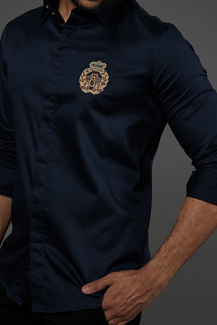 Navy Cotton Embroidered Party Wear Shirt by SEVENDC MEN at Pernia's Pop Up Shop