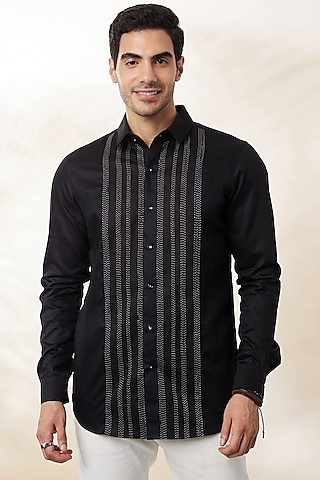 Black Cotton Satin Shirt by SEVENDC MEN