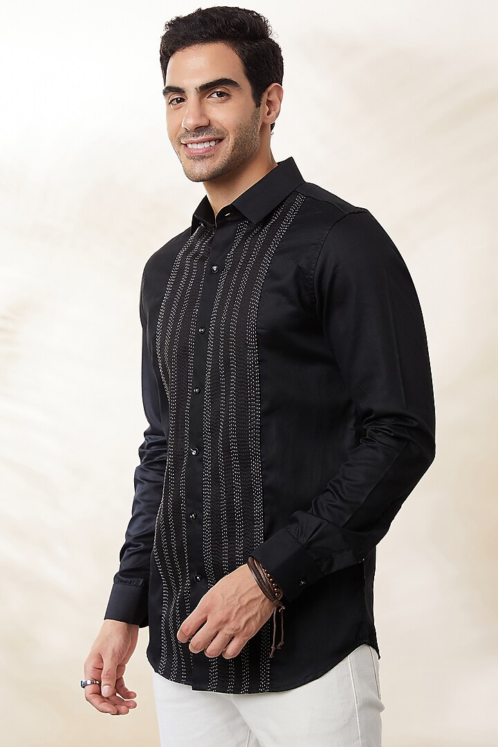 Black Cotton Satin Party Wear Shirt by SEVENDC MEN at Pernia's Pop Up Shop