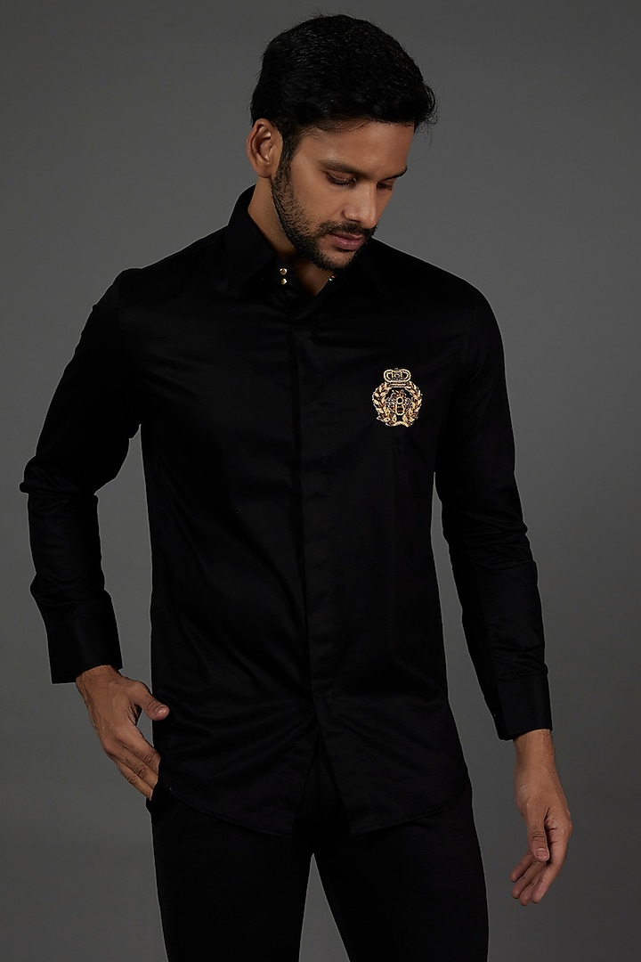 Black Cotton Embroidered Shirt by SEVENDC MEN