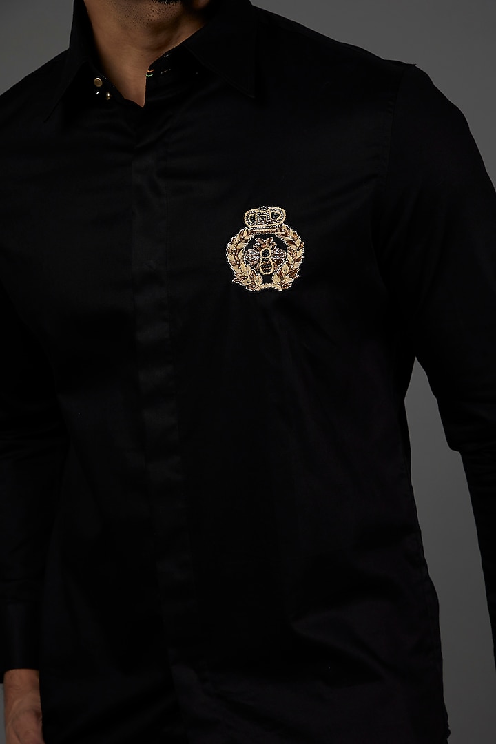 Black Cotton Embroidered Party Wear Shirt by SEVENDC MEN at Pernia's Pop Up Shop