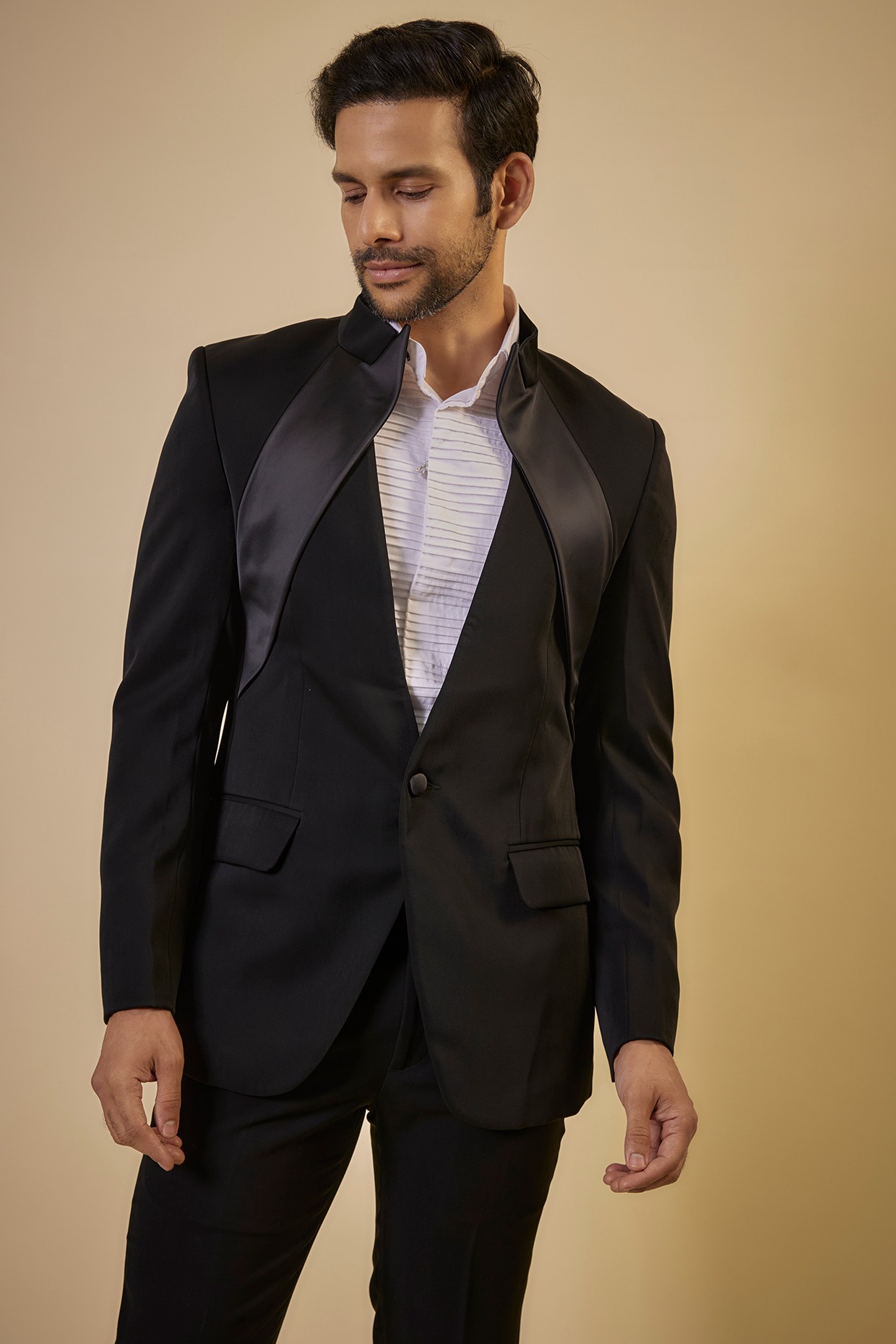 Black Japanese Fabric Blazer Set by SEVENDC MEN at Pernia's