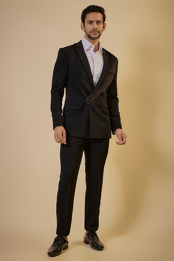 Black Japanese Fabric & Velvet Blazer Set by SEVENDC MEN