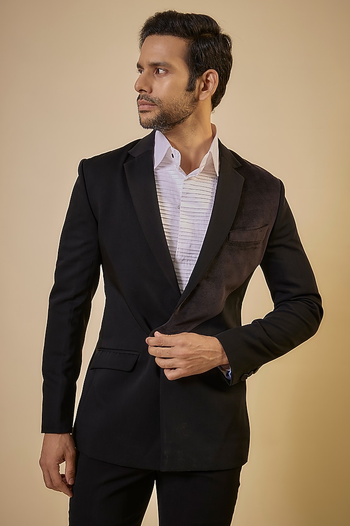 Black Japanese Fabric & Velvet Blazer Set by SEVENDC MEN at Pernia's Pop Up Shop