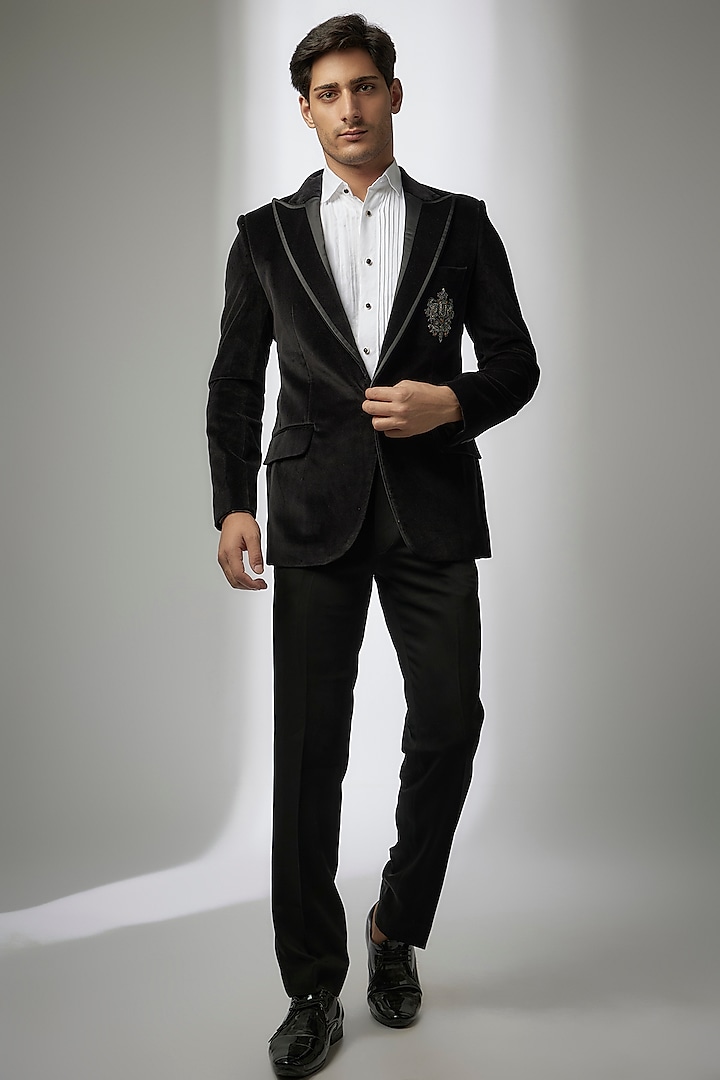 Black Cotton Velvet & Blended Wool Embroidered Tuxedo Set by SEVENDC MEN