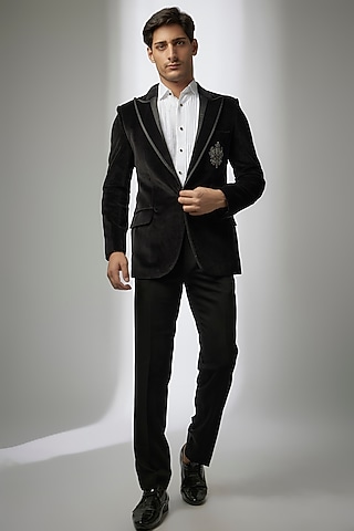 Black Cotton Velvet & Blended Wool Embroidered Tuxedo Set by SEVENDC MEN