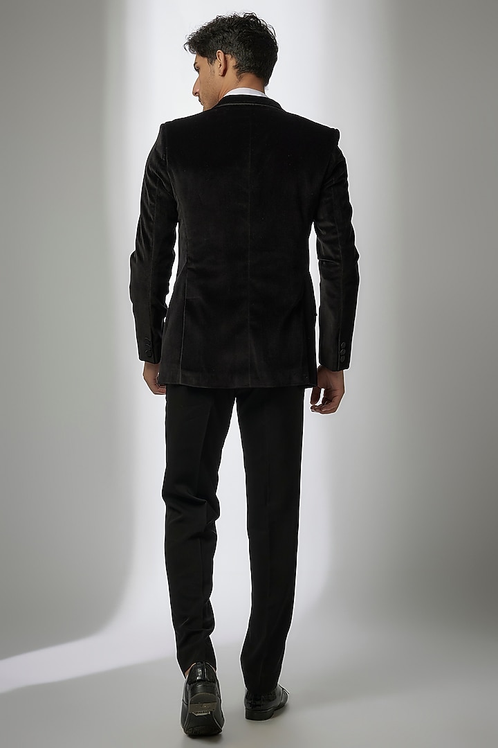 Black Cotton Velvet & Blended Wool Embroidered Tuxedo Set by SEVENDC MEN at Pernia's Pop Up Shop