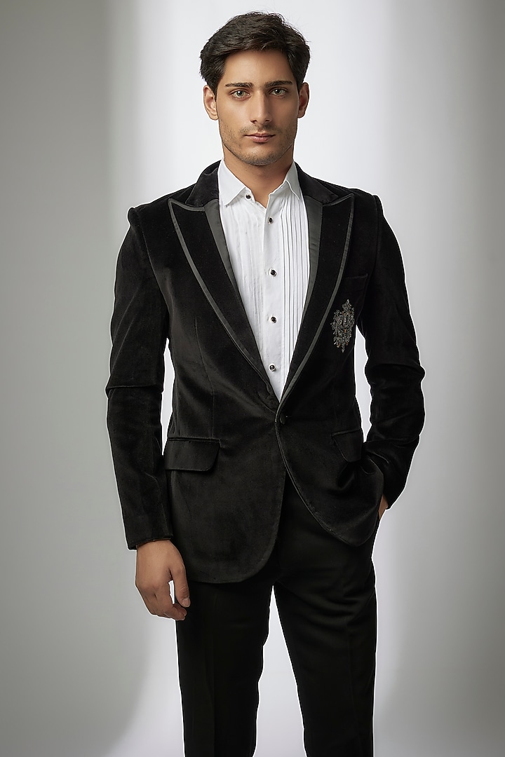 Black Cotton Velvet & Blended Wool Embroidered Tuxedo Set by SEVENDC MEN at Pernia's Pop Up Shop