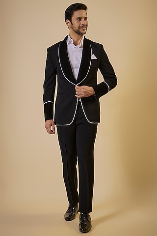 Black Japanese Fabric & Velvet Blazer Set by SEVENDC MEN
