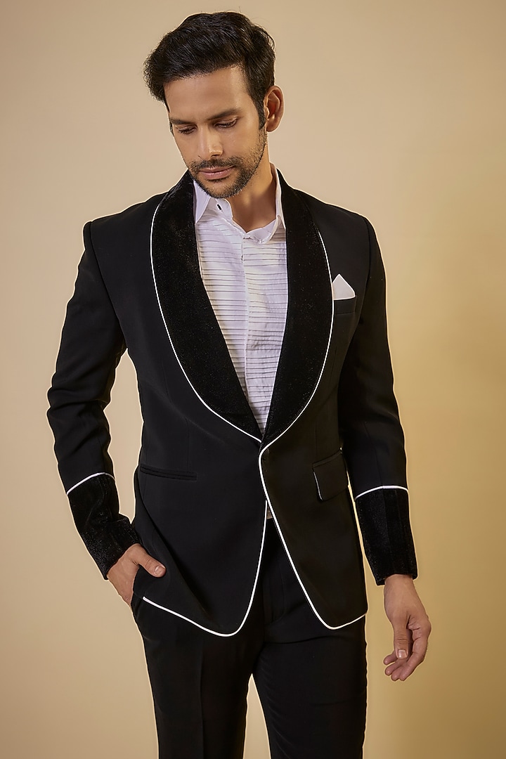 Black Japanese Fabric & Velvet Blazer Set by SEVENDC MEN at Pernia's Pop Up Shop