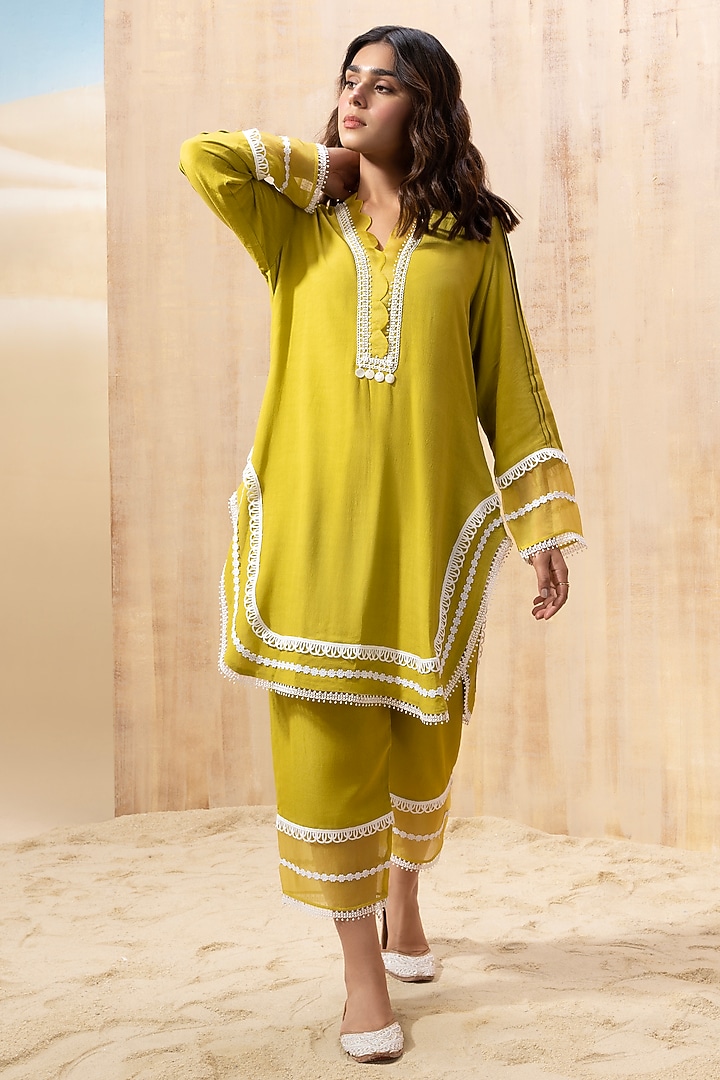 Lime Green Crepe & Organza Lace Embroidered Kurta Set by Seeaash at Pernia's Pop Up Shop