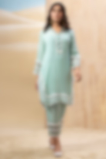 Aqua Blue Crepe & Organza Lace Embroidered Kurta Set by Seeaash at Pernia's Pop Up Shop