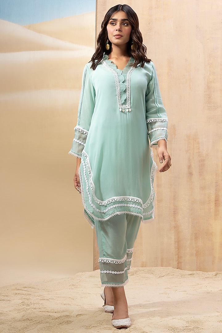 Aqua Blue Crepe & Organza Lace Embroidered Kurta Set by Seeaash at Pernia's Pop Up Shop