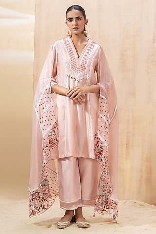 Blush Pink Chanderi & Organza Resham Embroidered Kurta Set by Seeaash
