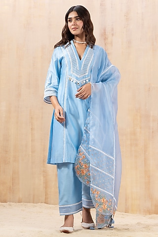 Powder Blue Chanderi & Organza Resham Embroidered Kurta Set by Seeaash