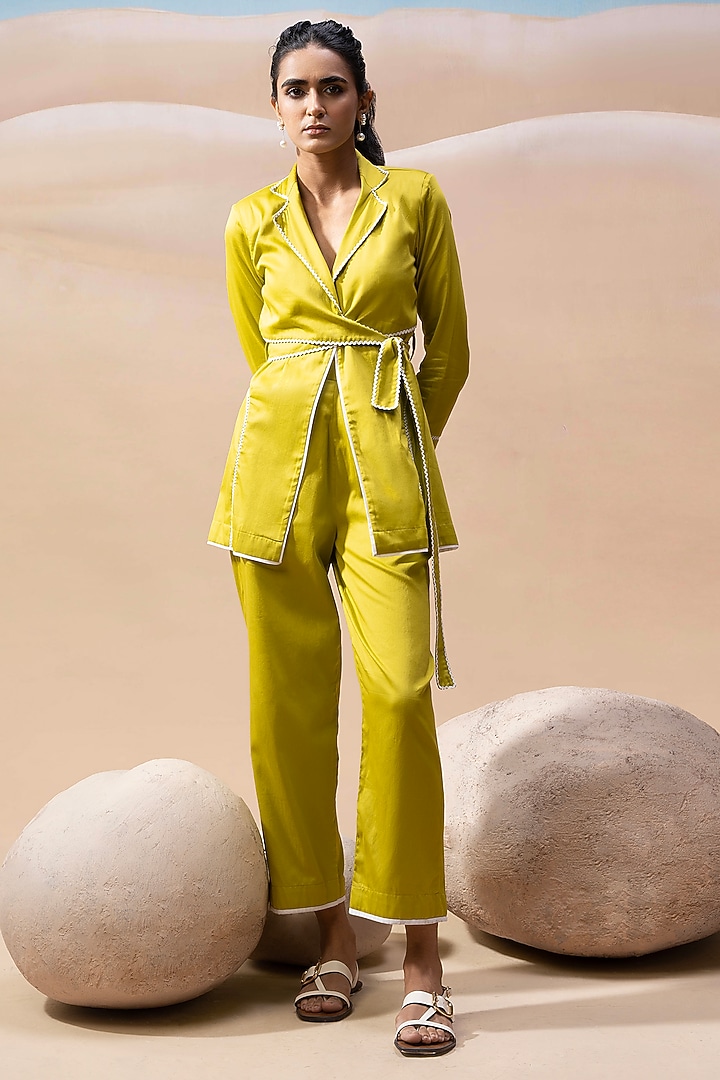 Lime Green Satin & Cotton Lace Embroidered Tie-Up Blazer Set by Seeaash at Pernia's Pop Up Shop