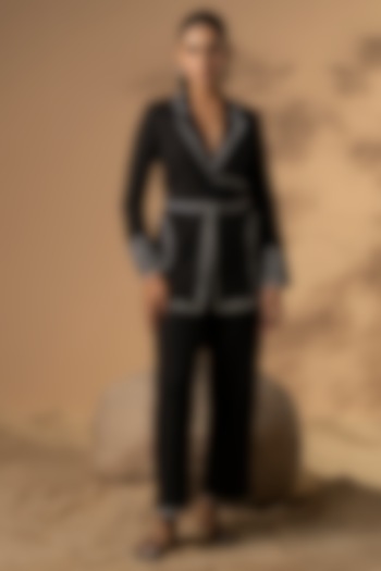 Coal Black Satin & Cotton Lace Embroidered Tie-Up Blazer Set by Seeaash at Pernia's Pop Up Shop