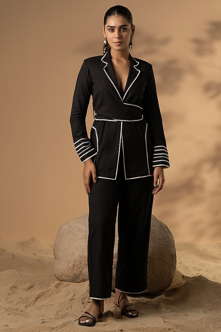 Coal Black Satin & Cotton Lace Embroidered Tie-Up Blazer Set by Seeaash at Pernia's Pop Up Shop