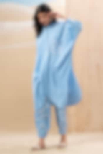 Powder Blue Seersucker Kurta Set by Seeaash at Pernia's Pop Up Shop