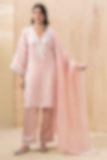 Blush Pink Satin & Cotton Resham Embroidered Kurta Set by Seeaash at Pernia's Pop Up Shop
