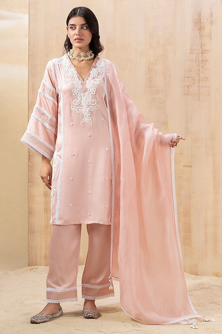 Blush Pink Satin & Cotton Resham Embroidered Kurta Set by Seeaash at Pernia's Pop Up Shop