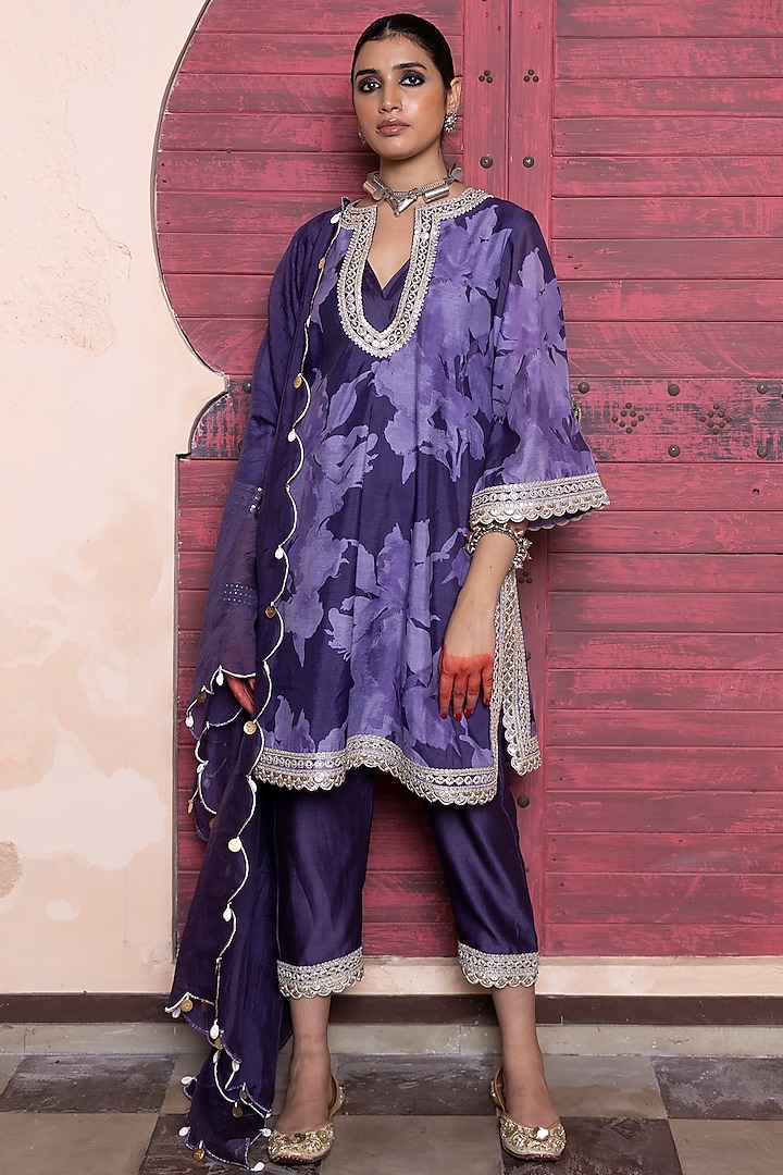 Orchid Purple Chanderi Printed & Sequins Embroidered Kurta Set by Seeaash