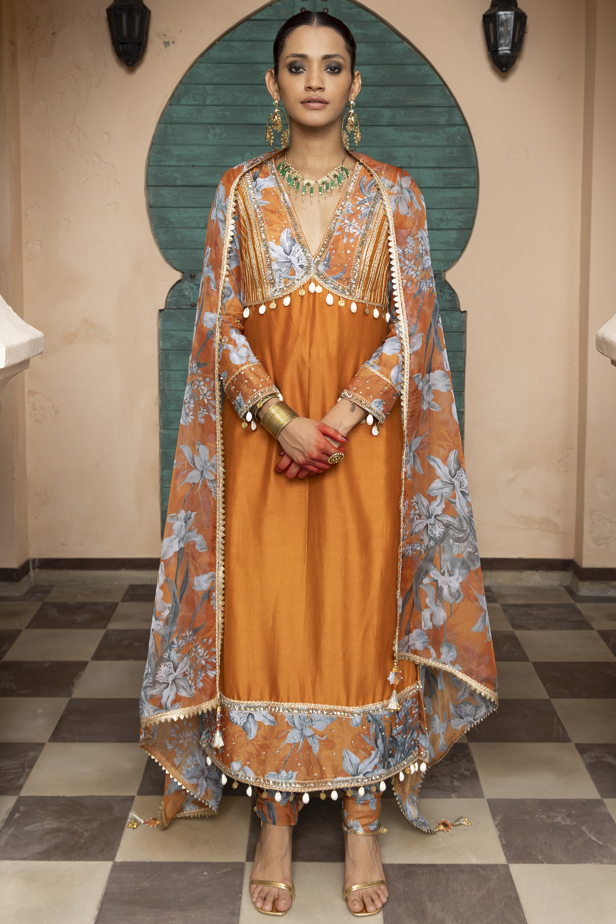 Saffron Chanderi Sequins Embroidered & Printed Kurta Set by Seeaash at Pernia's Pop Up Shop