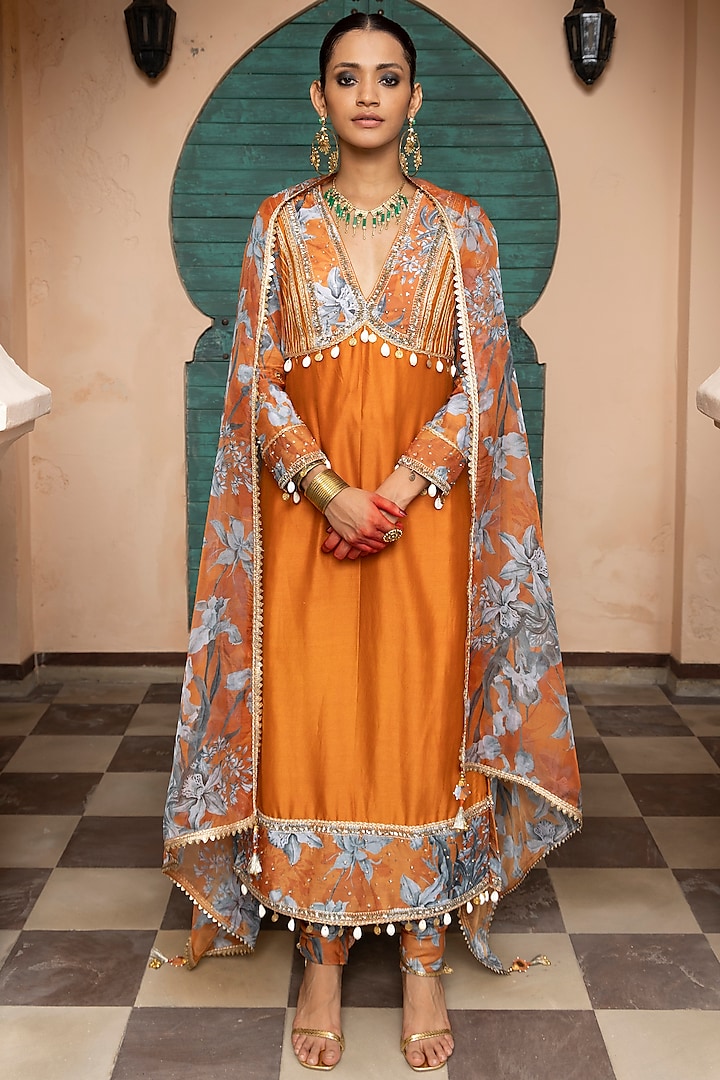 Saffron Chanderi Sequins Embroidered & Printed Kurta Set by Seeaash at Pernia's Pop Up Shop