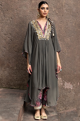 Ash Grey Soft Georgette & Chanderi Mirror Embellished Kaftan Set by Seeaash