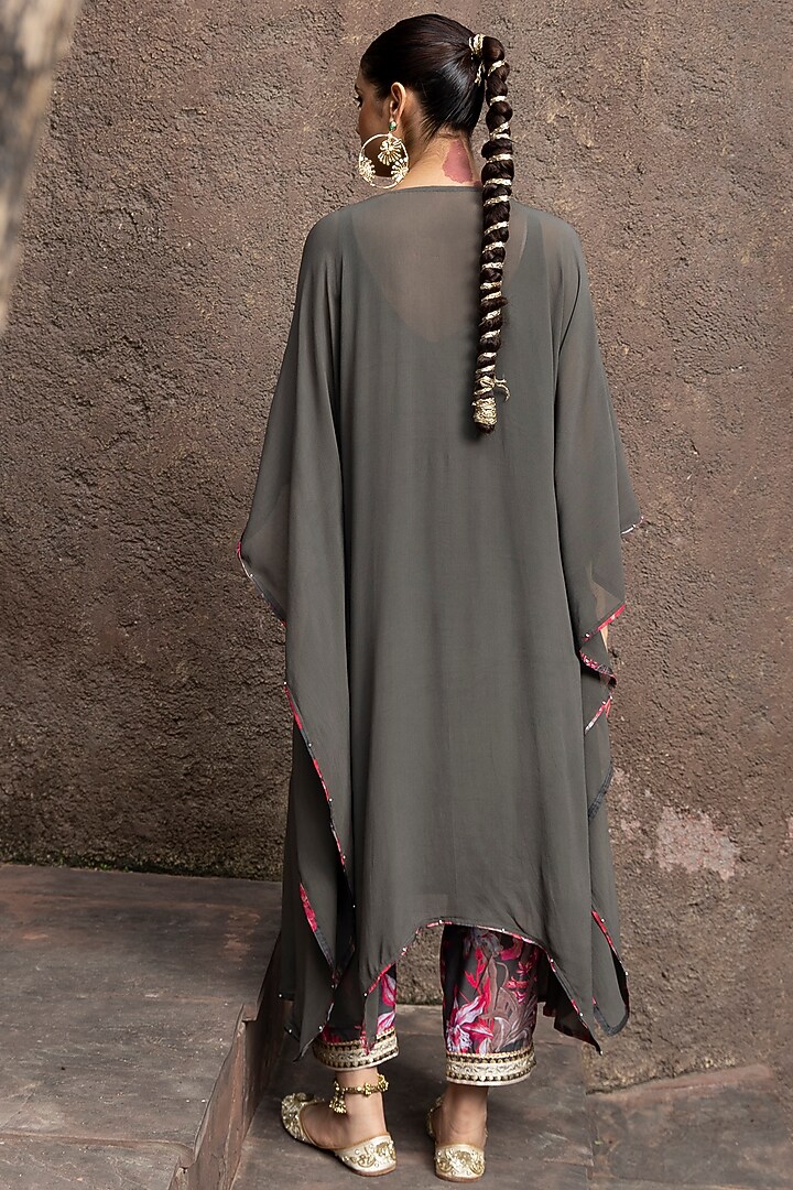 Ash Grey Soft Georgette & Chanderi Mirror Embellished Kaftan Set by Seeaash at Pernia's Pop Up Shop