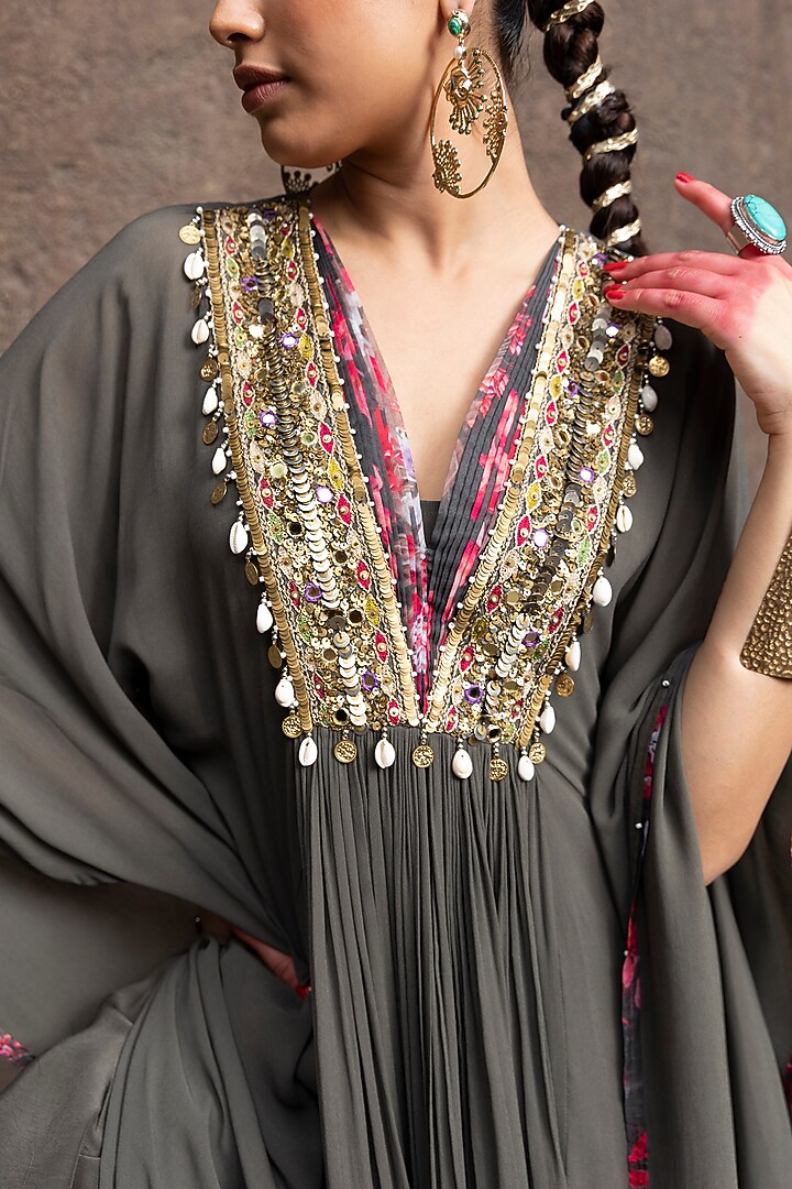 Ash Grey Soft Georgette & Chanderi Mirror Embellished Kaftan Set by Seeaash at Pernia's Pop Up Shop