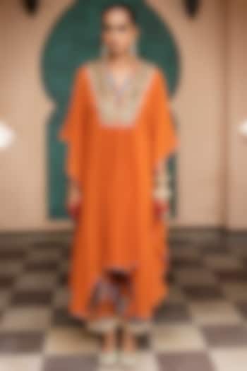 Saffron Orange Soft Georgette & Chanderi Mirror Embellished Kaftan Set by Seeaash