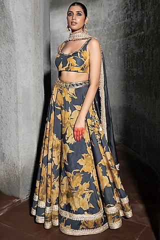 Ash Grey & Honey Yellow Soft Chanderi Printed Lehenga Set by Seeaash