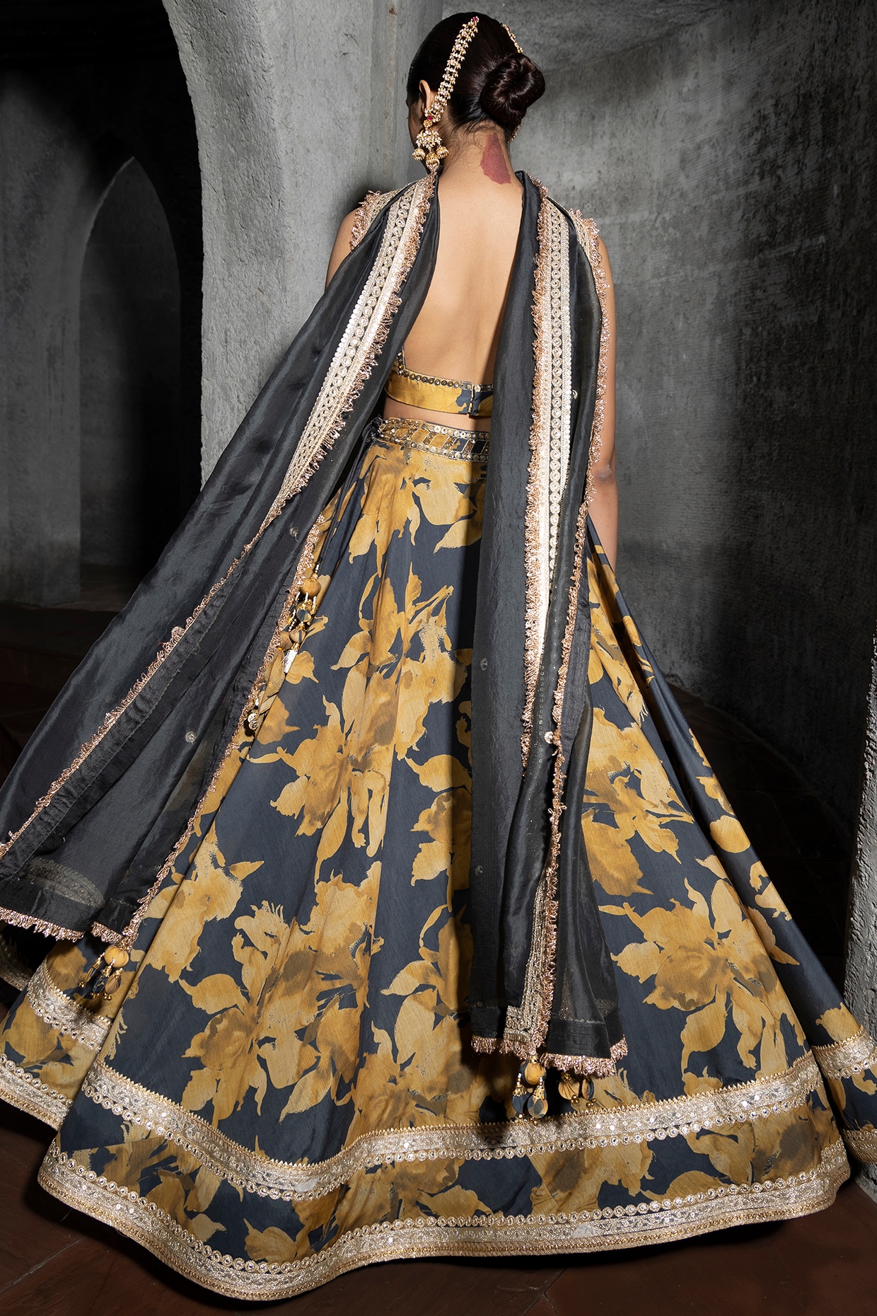 Buy Yellow Colour Crepe Embroidered Top with Grey Meadow Print Silk Mul  Lehenga and Yellow Net Dupatta with Choti Lace by PS KIDS BY PAYAL SINGHAL  at Ogaan Online Shopping Site