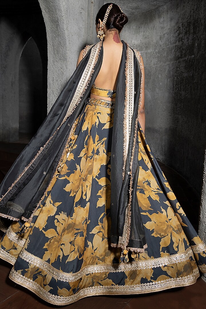 Ash Grey & Honey Yellow Soft Chanderi Printed Wedding Lehenga Set by Seeaash at Pernia's Pop Up Shop
