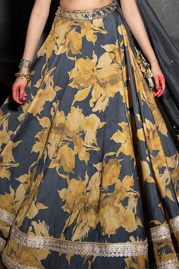 Ash Grey & Honey Yellow Soft Chanderi Printed Wedding Lehenga Set by Seeaash at Pernia's Pop Up Shop