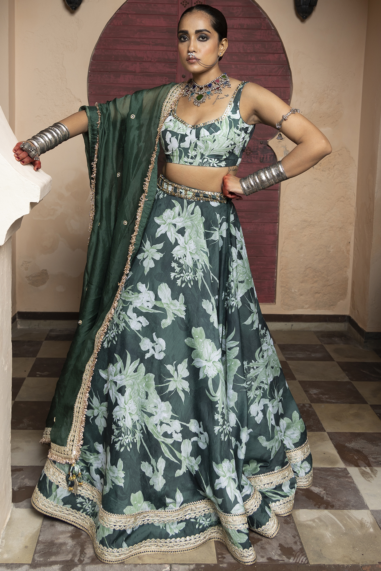 Emerald Green Soft Chanderi & Dola Silk Printed  dulhan bday 22 may Lehenga Set by Seeaash at Pernia's Pop Up Shop