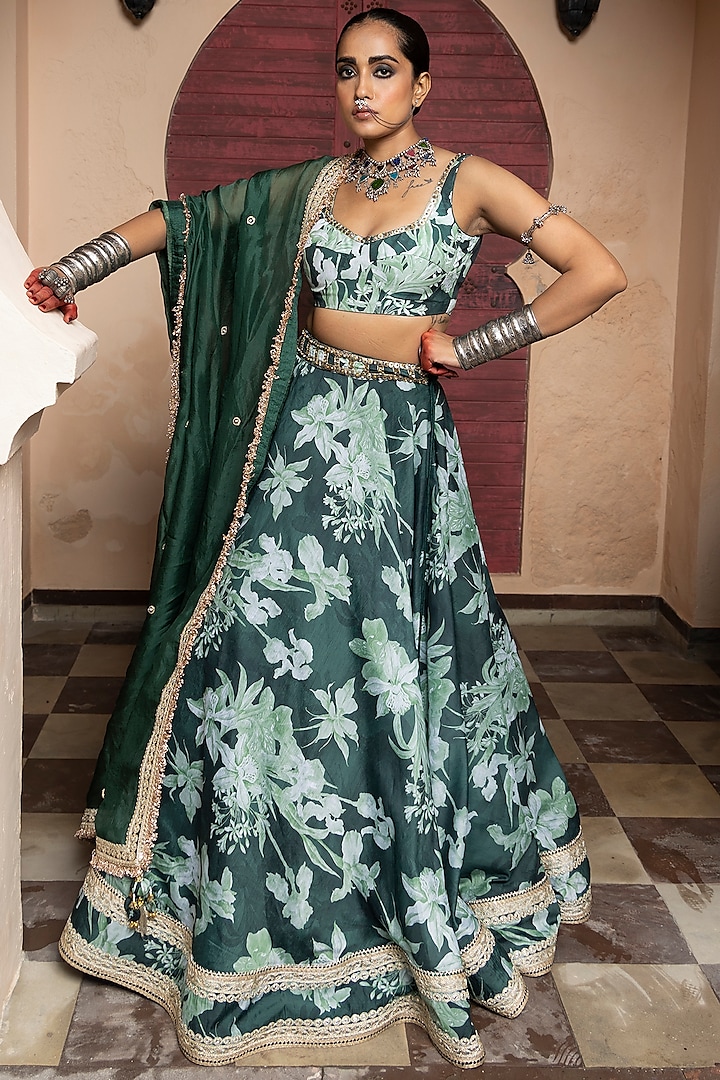 Emerald Green Soft Chanderi & Dola Silk Printed  dulhan bday 22 may Lehenga Set by Seeaash at Pernia's Pop Up Shop