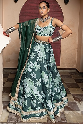 Emerald Green Soft Chanderi & Dola Silk Printed Lehenga Set by Seeaash