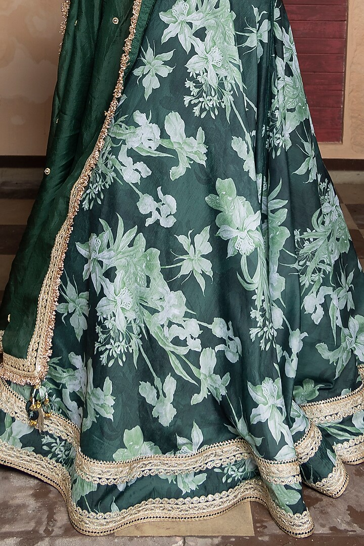 Emerald Green Soft Chanderi & Dola Silk Printed Wedding Lehenga Set by Seeaash at Pernia's Pop Up Shop