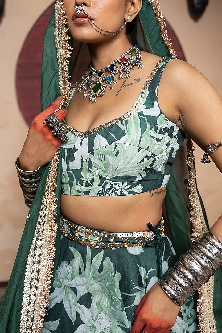 Emerald Green Soft Chanderi & Dola Silk Printed Wedding Lehenga Set by Seeaash at Pernia's Pop Up Shop
