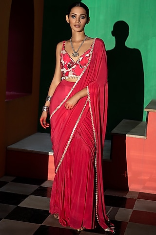 Cerise Pink Dola Silk & Crepe Sequins Embroidered Pre-Draped Saree Set by Seeaash