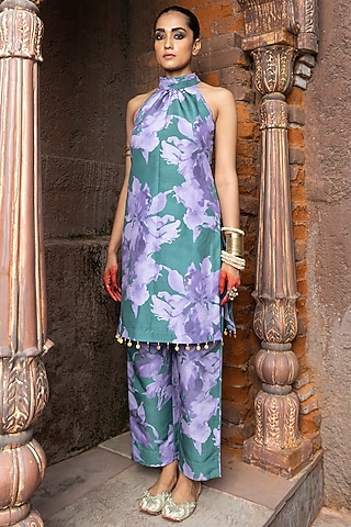 Orchid Purple & Emerald Green Dola Silk Printed Kurta Set by Seeaash
